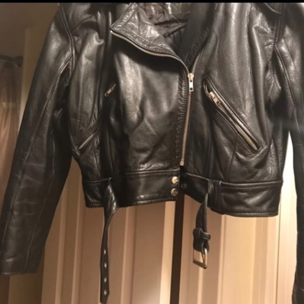Blk Leather Crop  Motorcycle Jacket